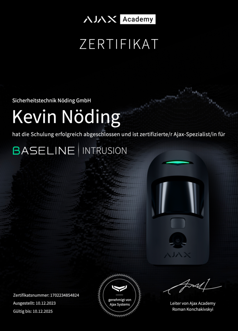 Zertifikat von AJAX Academy für Kevin Nöding über Baseline-Intrusion.