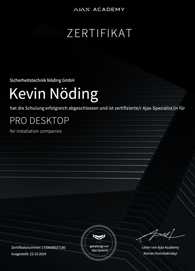 Zertifikat für Kevin Nöding über bestandene Prüfung in der Pro Desktop-Ausbildung.